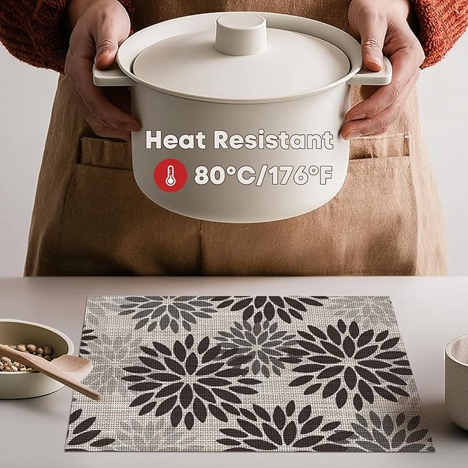 Artoid Mode Floral Vinyl Placemats Set of 6, Heat Resistant Washable Non-Slip Plistic PVC Place Mats for Party Kitchen Dining Decor, Black