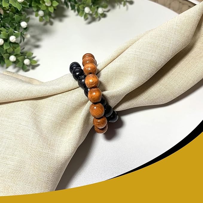 Napkin Rings Set of 6 - Modern Napkin Holder Rings with Wooden Beads | Dinner Napkin Ring for Holiday & Christmas, Birthday Party, & Wedding Decor - Farmhouse Napkin Rings Bulk (Yoko)