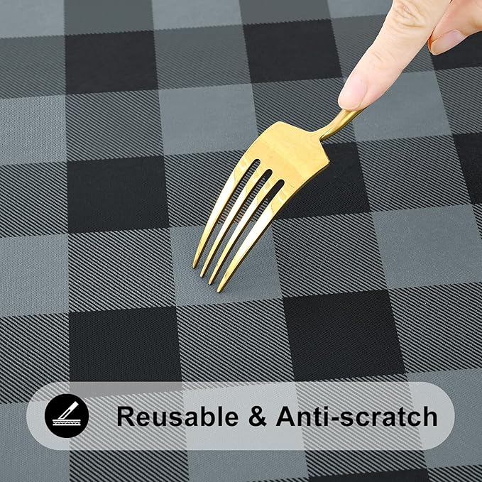 Smiry Rectangle Picnic Table Cloth, Elastic Waterproof Fitted Vinyl Tablecloths, Flannel Backed Buffalo Plaid Table Covers for Dining, Camping, Outdoor (Black and Grey, 30" x 96")