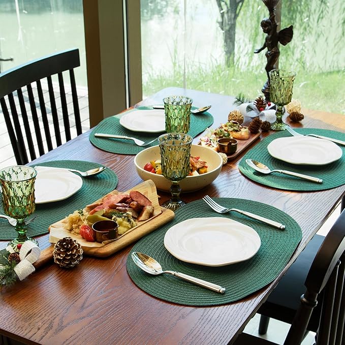 Noctiflorous Oval Braided Placemats Set of 4 Woven 12x18 Inch Non Slip Washable Heat Resistant Place Mats Round Tablemats for Dining Kitchen Party Daily Table Decor Dinner Mats (Solid Forest Green, 4)