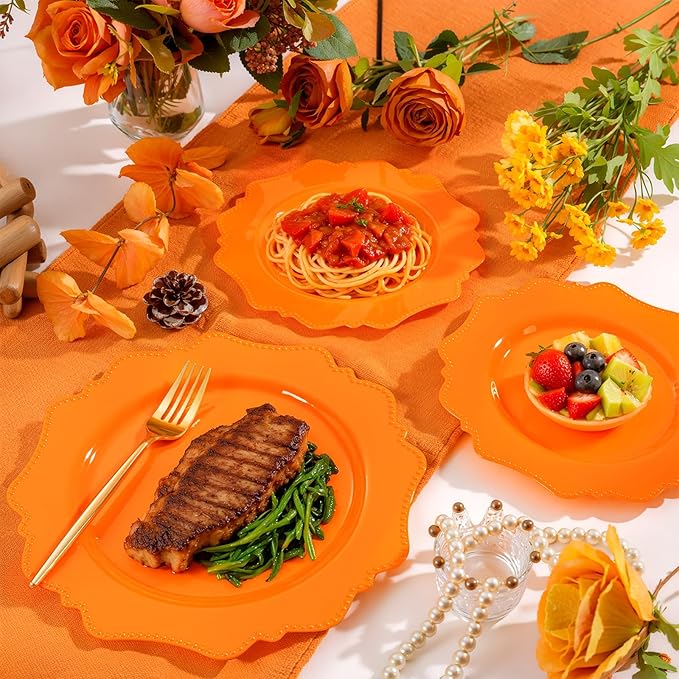 COLOSUS 60 pcs Orange Plastic Plates -Thanksgiving Plastic Plates for Party include 30 Dinner Plate and 30 Dessert/Salad Plate for Wedding,Party,Anniversary,Daily Use