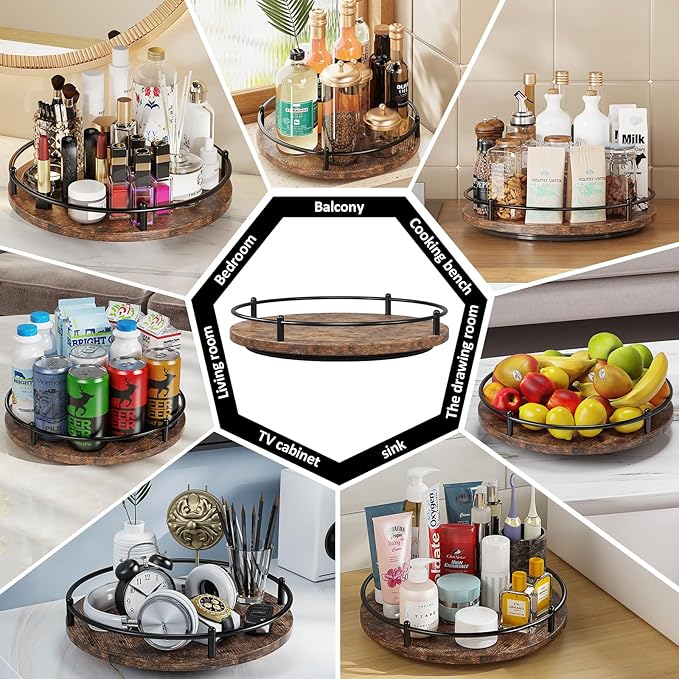 Lazy Susan Organizer：10 Inch Rotating Spice Rack Decor for Kitchen Countertop Round Wooden Turntable Holder for Dinning Room, Living Room, Home – Black