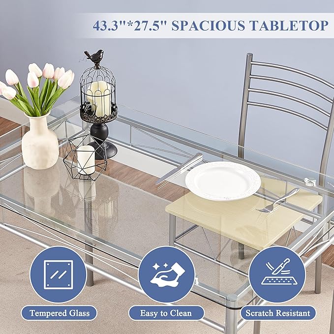 VECELO Dining Table Set for 4, 5-Piece Glass Kitchen Table with Chairs for Small Space, Breakfast Nook, Space-Saving, Silver