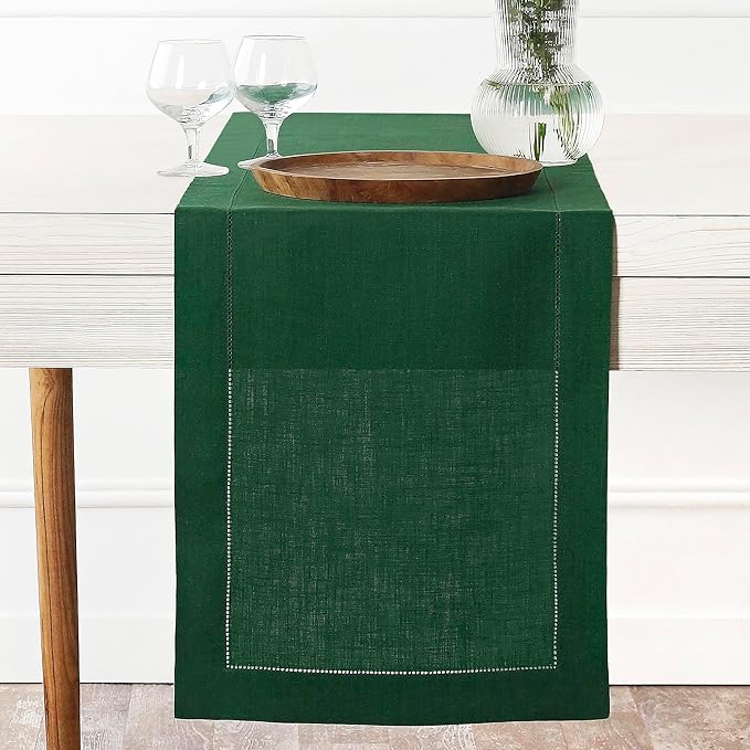 D'Moksha Homes Linen Forest Green Table Runner 90 Inches Long - Classic Hemstitch 100% Pure Linen Dining Table Runner 14 x 90 Inch for St Patricks Day, Easter