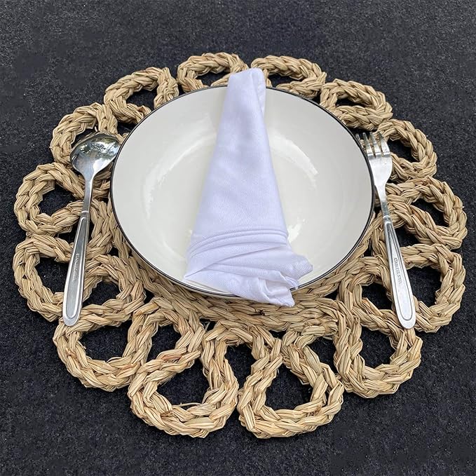 13.8" Set of 8 Round Seagrass Placemats | Boho Woven Rattan Table Mats | Farmhouse Wicker Spring Plate Chargers Like Water Hyacinth, Seagrass for Wedding, Party, Christmas, Events