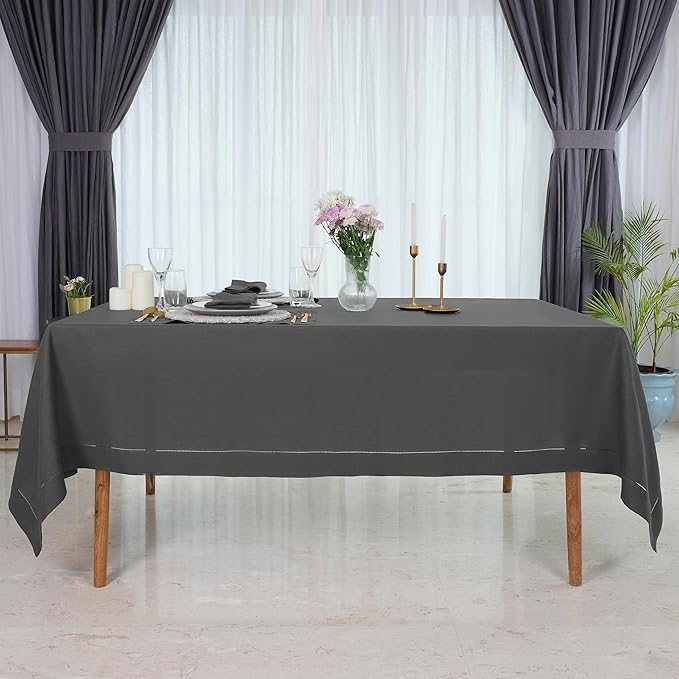 D'Moksha Homes Charcoal Grey Linen Tablecloth for Rectangle Tables 60 x 90 Inch - 100% Pure Linen Grey Table Cloth - Classic Hemstitch, Machine Washable Tablecloth for Spring, Easter