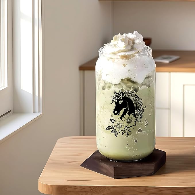 Cute Horse Glass Cup With Lids And Straws, Horse Gift For Women, Iced, Coffee, Smoothie, Cocktail, Beer, Whiskey, Soda, Matcha,16 Oz, Home Office Table Desk Decoration!