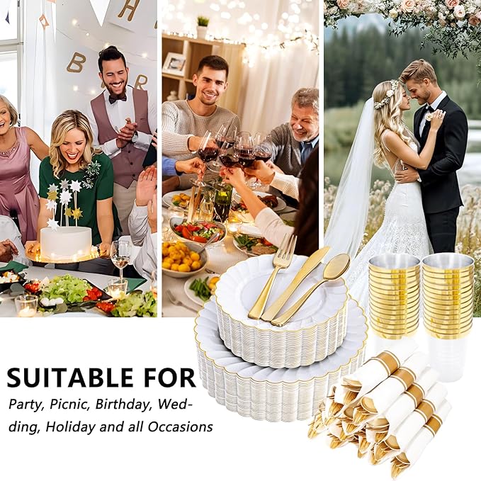 YOUBET 350PCS Gold Scalloped Plastic Plates - White and Gold Disposable Dinnerware Set Include 100 Plates, 150 Gold Silverware, 50 Cups, 50 Napkins for Wedding Party