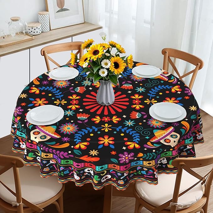 Mexican Tablecloth Round 70 Inch, Cinco De Mayo Flower Skull Table Cloth Fiesta Indoor Decorations for Dining Room Party