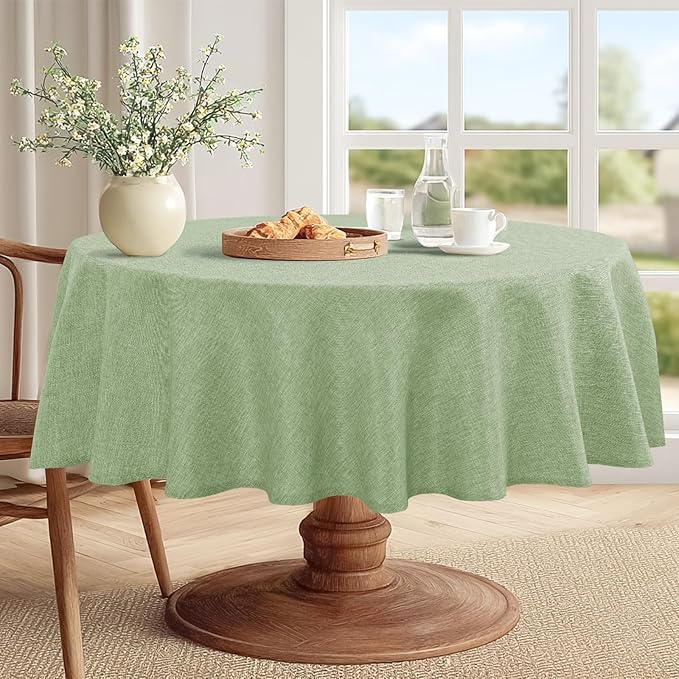 JIUZHEN Round Table Cloth Faux Linen Farmhouse Tablecloth Wrinkle and Stain Resistant Decorative Fabric Table Cover for Kitchen, Dining Room, Parties and Camping, Sage Green, 90 Inch Round