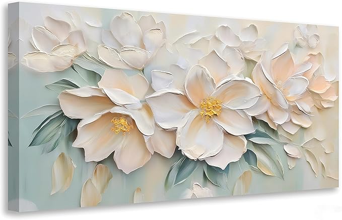 Anolyfi White Textured Flowers Large Canvas Wall Art for Living Room, Modern Aesthetic Sage Florals Painting Wall Decor for Bedroom Dining Room Office Home Decor 58"x29"