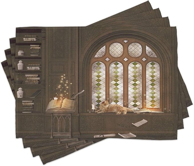 Ambesonne Gothic Place Mats Set of 4, Room for Study in The Medieval Library Cat Sleeping on Window Antique Mansion Print, Washable Fabric Placemats for Dining Table, Standard Size, Taupe