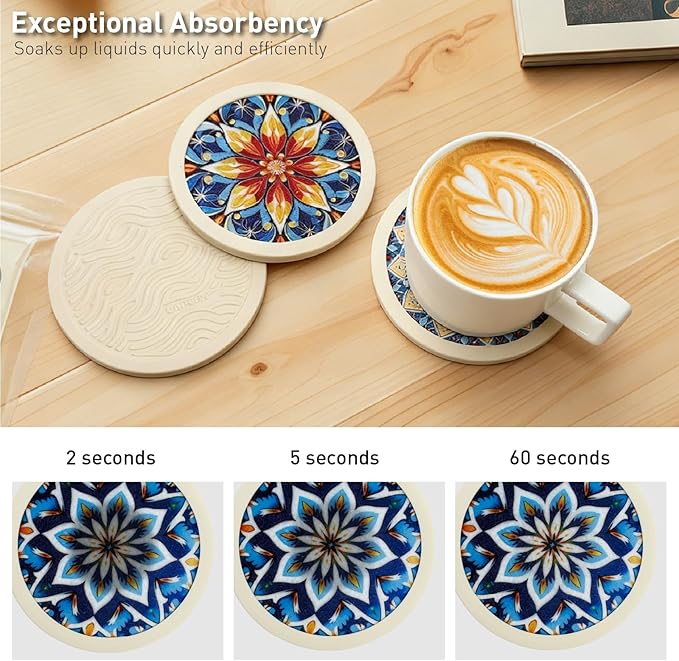 Mandala Non-Slip Silicone Coasters, 4-Pack Double-Sided Absorbent Cup Mats for Hot & Cold Drinks, Scratch & Water Ring Protection for Wood Tables, Home Office Bar Use (6PC Wanda La)