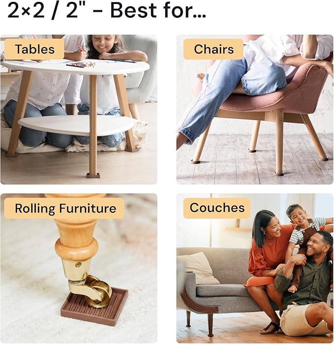 CasterMaster Non Slip Furniture Pads - 2 in x 2 in Brown 4 Pack - Chair Leg Floor Protectors & Furniture Sliders for Hardwood, Vinyl & Tile Floors - Bed Stoppers