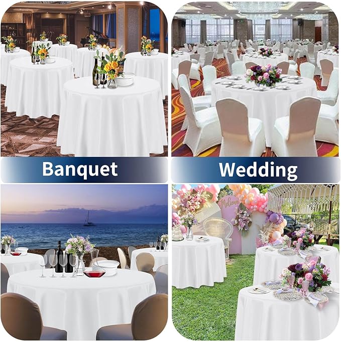 PureFit 6 Pack Round White Table Cloths 120 Inch for Round Tables, Stain and Wrinkle Resistant Table Linens for Home Use, Wedding, Party, Banquet and Camping