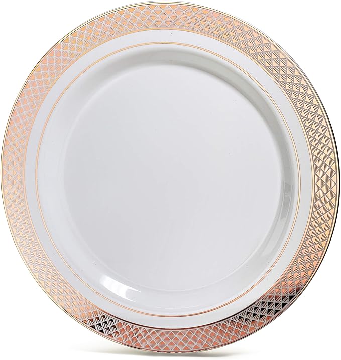 OCCASIONS 120 Plates Pack,(60 Guests) Heavyweight Premium Wedding Party Disposable Plastic Plates Set -60 x 10.5'' Dinner + 60 x 7.5'' Salad/Dessert (Celebration White & Rose Gold)