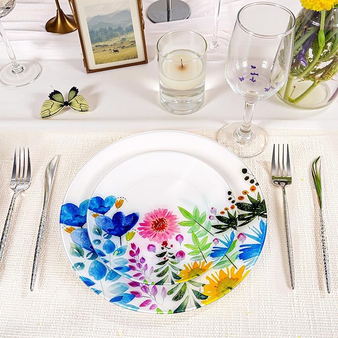 DaYammi 20Pcs Wildflower Plastic Plates-Floral Plastic Plates Disposable Heavy Duty,Fancy Floral Pattern Perfect for Wedding,Holidays - 10.25" Dinner Plate,7.5" Dessert Plate for Party Valentine's Day