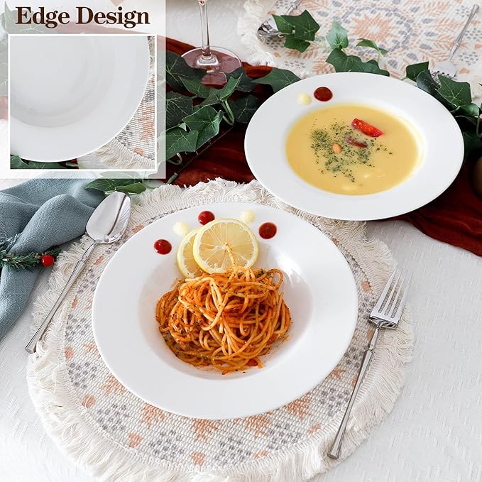 8.5 Inch Ceramic Soup Plate Set of 6, 8 Ounces Wide Rimmed Porcelain Soup Bowl, White Pasta Plates for Salad, Appetizer, Snack, Pizza, Microwave and Dishwasher Safe
