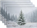 Winter Placemats Set of 4, 12x18 Inch Christmas Pine Tree Snowflake Linen Table Mats Seasonal Washable Farmhouse Place Mats for Kitchen Dining Xmas Holiday Party Decor