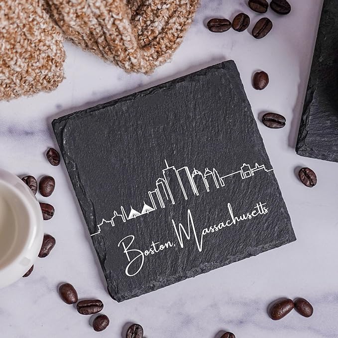 Blue Ridge Mountain Gifts - Boston MA Skyline Coasters, Set of 4 - Boston Massachusetts Souvenir, Slate Coasters with Minimalist Skyline, Housewarming Gift for Friends, Family, & Neighbors