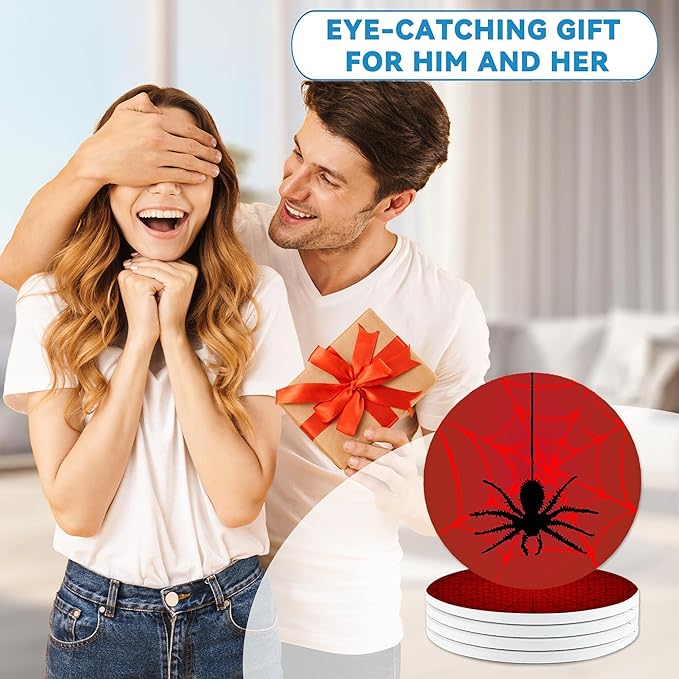 Drinks Coasters Set of 4, Cool Red Spider Round 4" Cup Coasters, Absorbent Ceramic Stone Coasters with Cork Base, Cute Coasters for Table Home Décor, Ideal Gifts for Women Men