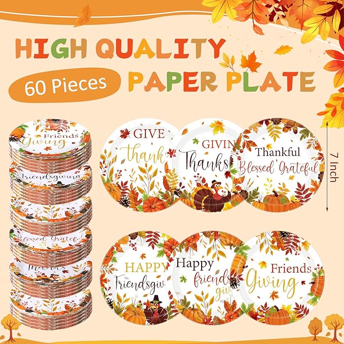 60 Pcs 7 Inch Happy Friendsgiving Paper Plates Give Thanks Plates Decorations Fall Pumpkin Turkey Tableware for Autumn Harvest Thanksgiving Dinner BBQ Picnic Farmhouse Party Supplies