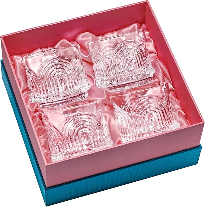 GLASSIQUE CADEAU Vintage Art Deco 1920s Lowball Cocktail Glasses | Set of 4 | 9 oz Crystal Old Fashioned Glassware for Drinking Classic Bar Drinks | Heavy Base Short Rocks Tumblers for Women