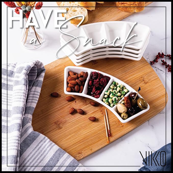 Vikko Serving Tray, 4 Section Porcelain Circular Serving Platter, Pack of 2, 8.4 Inch Small White Serving Dish for Entertaining, Condiments, Candies, Charcuterie, Snack