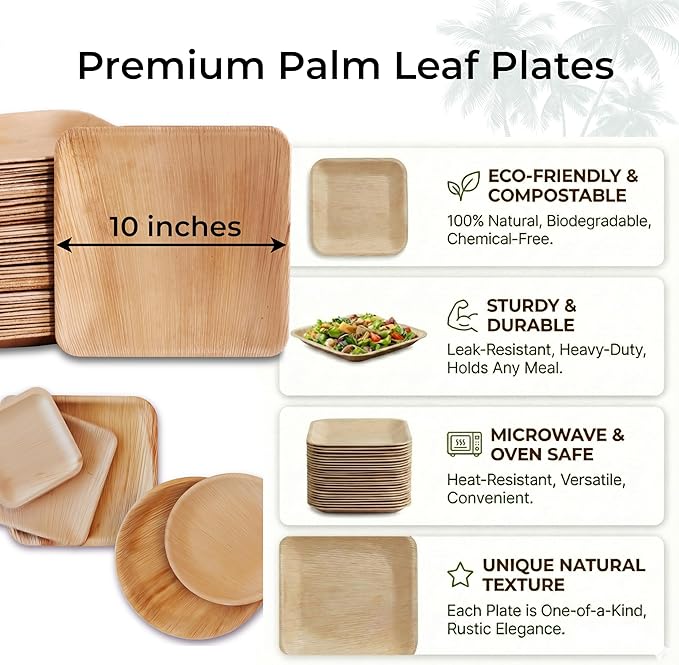 Indie Palm Disposable Palm Leaf Plates – 50 Pack 10 Inch Square – Heavy Duty, 100% Compostable & Biodegradable – Eco-Friendly Alternative to Plastic & Bamboo – Perfect for Parties & Events