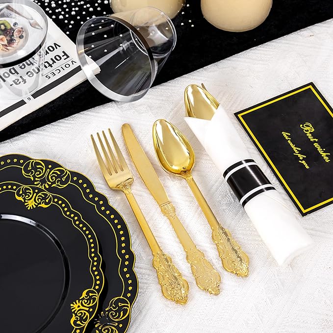Ciaell 350 PCS Black Plastic Plates - Black and Gold Plates - Black Disposable Plates Include 100 Disposable Plate, 150 Heavy Duty Silverware, 50 Cups, 50 Napkins for Wedding & Party