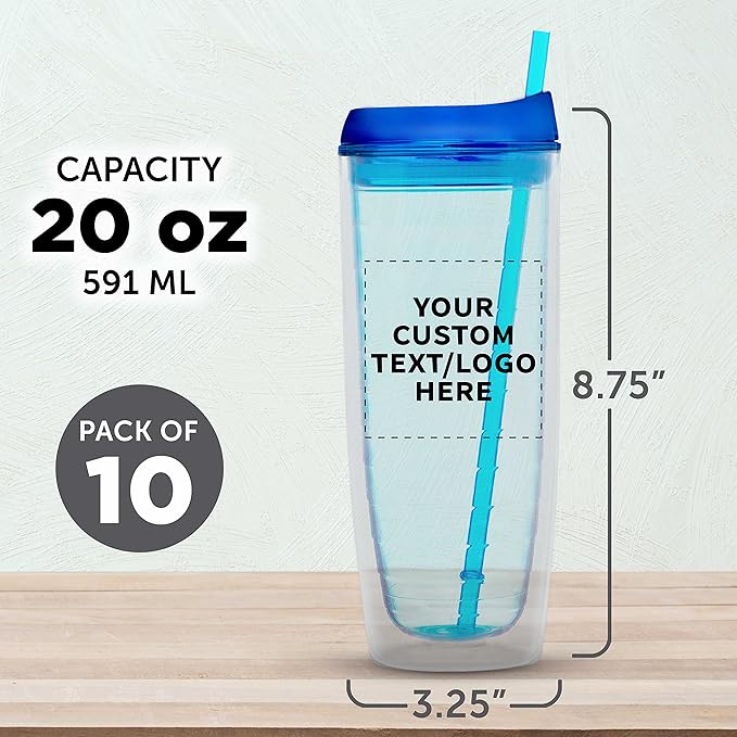 Custom Tall Orbit Acrylic Tumblers 20 oz. Set of 10, Personalized Bulk Pack - Perfect for Iced Coffee, Soda, Other Hot & Cold Beverages - Blue