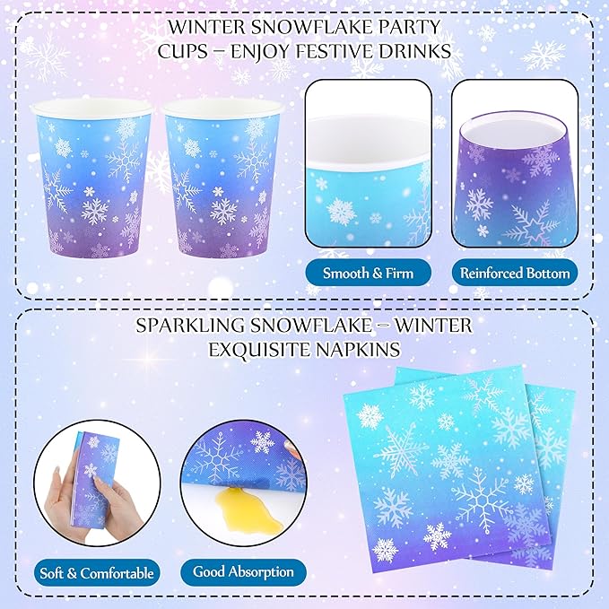 Kochorie 96 Pieces Frozen Iridescent Winter Snowflake Birthday Party Supplies Snowflake Tableware Set Disposable Paper Plates Cups Napkins Serve 24 Guests for Christmas Winter Wonderland Decorations