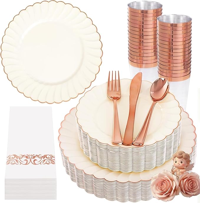 YOUBET 175PCS Ivory Scalloped Plastic Plates - Rose Gold Disposable Dinnerware Set Include 50 Plates, 75 Rose Gold Silverware, 25 Cups, 25 Napkins for Party & Wedding & Baby Shower
