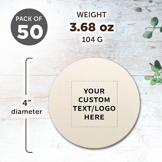DISCOUNT PROMOS Custom Ceramic Coasters Set of 50, Personalized Bulk Pack - 4 Inches with Cork Bottom Pad, Perfect for Hotel, Bar, Restaurant - Natural