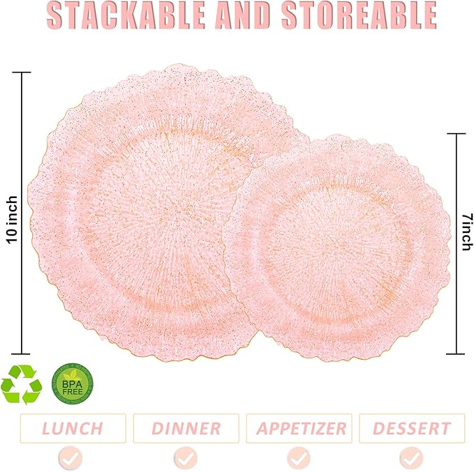 U-QE 60PCS Pink Plates for Party - Pink Valentines Plates Disposable Heavy Duty - Clear Pink Plastic Plates for Valentine's Day Including 30 Plastic Dinner Plates 10" & 30 Plastic Dessert Plates 7"