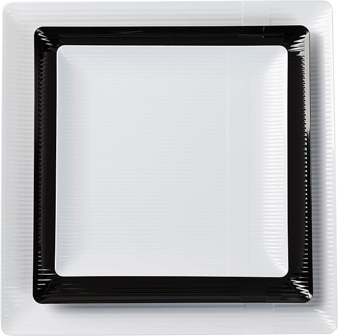 Exquisite Disposable-White-Plastic-Plates-Square Linear (40 Pack) Wedding Dinner Fancy Tableware Dishes (10.25 Inch., White) Single Size Set