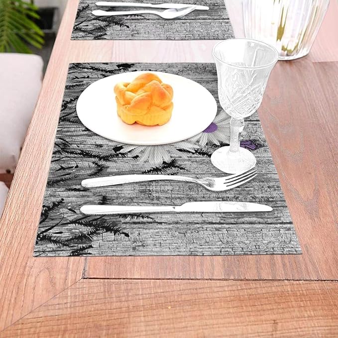 Placemats Set of 6 Rustic Floral Place Mats Farmhouse Daisy Woven Table Mats Washable Purple White Flower PVC Placemat for Dining Kitchen Decor Indoor Outdoor, 12 x 18 Inch