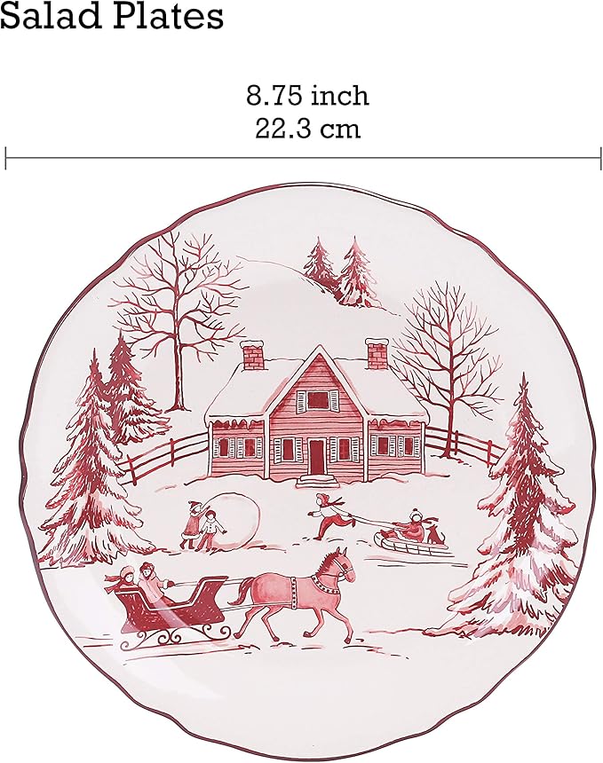 Bico Toile De Jouy Winter Wonderland Scalloped Salad Plates Set of 4, 8.75 Inch Ceramic Dessert Plates for Appetizer, Side Dishes, Microwave and Dishwasher Safe, Gift for Housewarming and Christmas