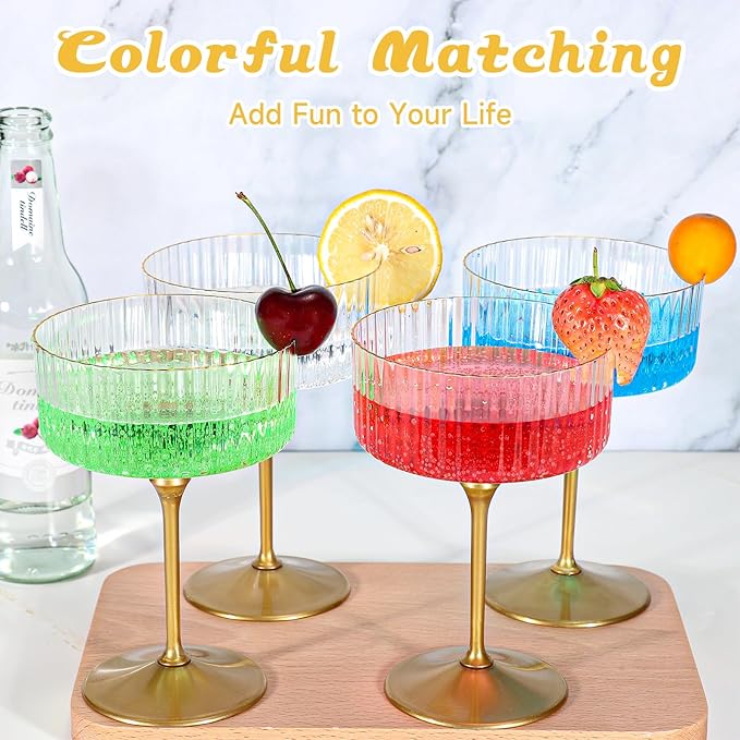 XUWAIDSGN 12 Pcs Champagne Martini Glasses 9 Oz with Gilded Removable Gold Rim Coupe Glasses Pink Martini Glasses Plastic Mimosa Vintage Coupe Glasses Set For Wedding Anniversary (12, Ribbed Gold)