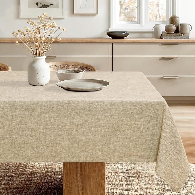 JIUZHEN Rectangle Table Cloth, Faux Linen Farmhouse Tablecloth Wrinkle and Stain Resistant Decorative Spring Fabric Table Cover for Dining/Party/Birthday/Wedding, Beige, 54 x 108 Inch