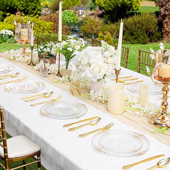 102PCS Clear Gold Plastic Plates - Clear Disposable Plates with Gold Rim - Clear Party Plate Include 51PCS Dessert Plates, 51PCS Dinner Plate for Weddings & Parties