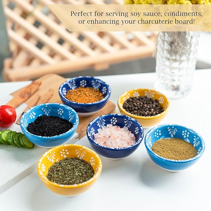 Ceramic Small Dipping Bowls Set of 6, 3.5 Oz Soy Sauce Dish, Handmade Charcuterie, Colorful Pinch, Dishwasher & Microwave Safe, 3.2'' Mini (NAZAR CHARM)