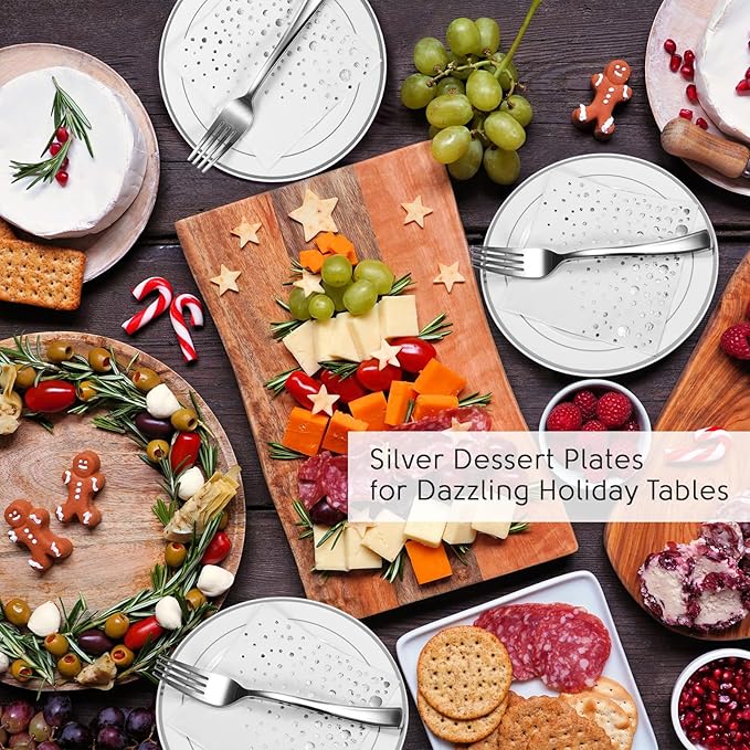 Stylish 7.5 Inch Silver Cake Plates with Disposable Forks and Cocktail Napkins (100 Set) - Small Appetizer Plates - Silver Plastic Dessert Plates - Plastic Cake Plates for Wedding Reception