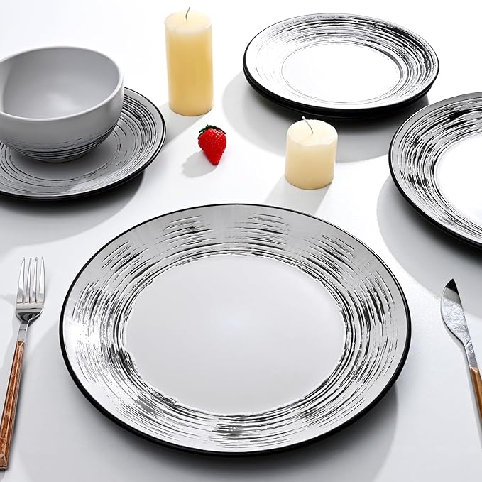 Homlouue 16 Pcs Stoneware Dinnerware Sets for 4, Porcelain Farmhouse Plates Bowls Mugs Set - Minimalist Chip Resistant Dish Set, Microwave & Dishwasher Safe in White and Black Thread