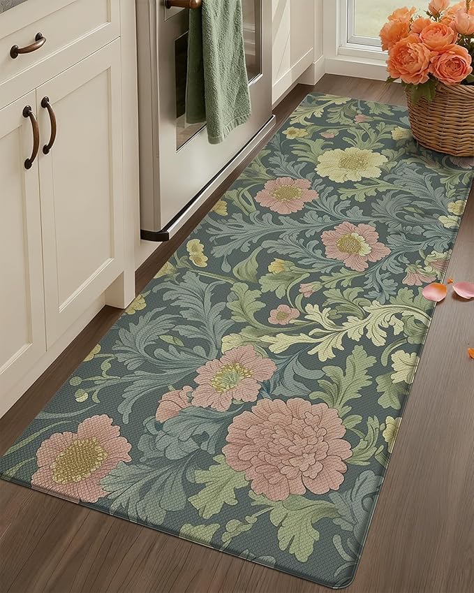 Color&Geometry Floral Kitchen Mat 24"x87", Anti Fatigue Kitchen Mats for Floor, Kitchen Rugs Non Slip, Waterproof & Oil Proof Padded Runner for Standing Desk Office, Sink - Dusty Blue