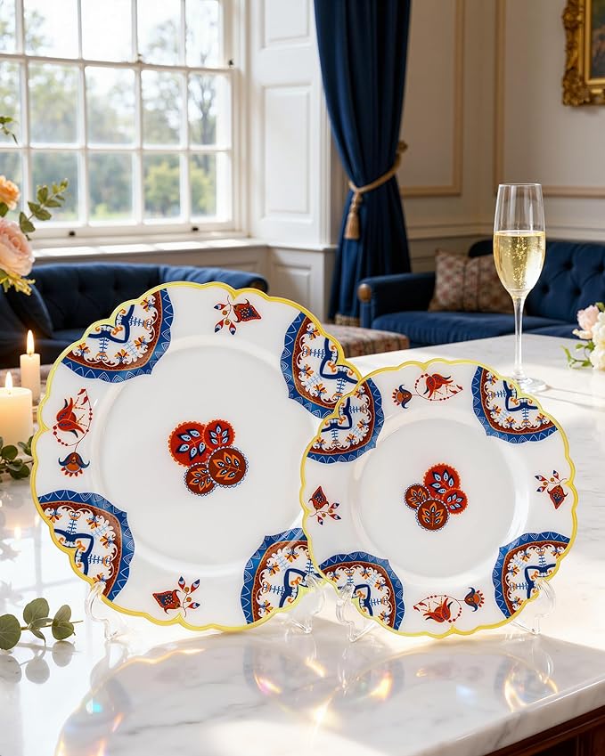 Morejoy 60pcs Plastic Disposable Plates Set - White Plastic Plates Featuring Classic Blue and Russet Floral Design With Gradient Gold Rim, 10.25 Dinner & 7.5 Dessert Plates for Wedding & Party