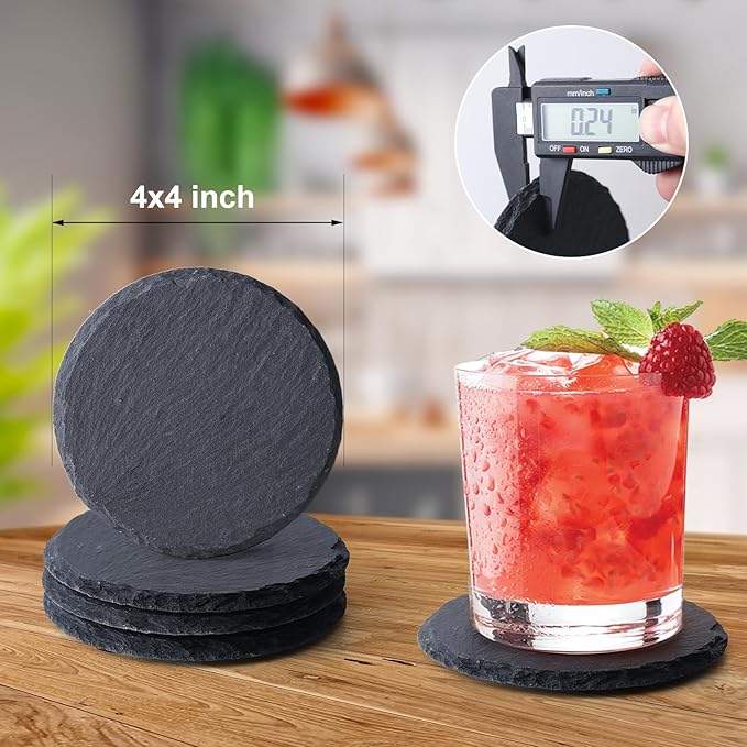 Slate Coasters Set of 24,4-Inch Black Round Stone Drink Coasters with Scratch-Resistant Backing, Durable Tabletop Protection for Home Office Kitchen, Ideal Housewarming Wedding Gifts
