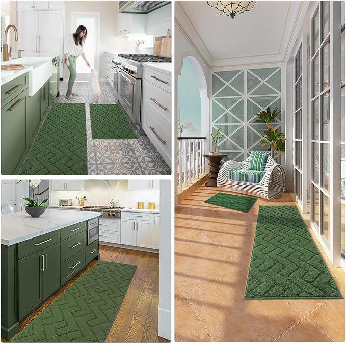 hicorfe Kitchen Rugs and Mats Sets,2 Pieces Super Absorbent Polypropylene Non-Slip Rug,Soft Comfort Floor Mat,Washable for Kitchen,Hallway,Office,Sink,Laundry(20" x 32" + 20" x 48",Green)