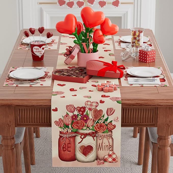 XCHI Roses Flowers Love Hearts Vase Valentine’s Day Table Runner Table Decoration for Party Home Kitchen Dining Dinner Holiday Decor 13x90 Inch