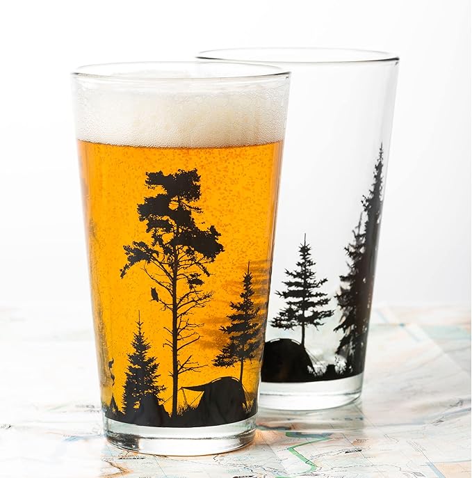 Black Lantern Nature Themed Pint Glasses Set of 2 – Pint Glasses in Unique Designs for Craft Beer Enthusiasts - (Set of Two 16oz. Glasses) - Beer Glasses for Nature Lovers (Mountain Camping)